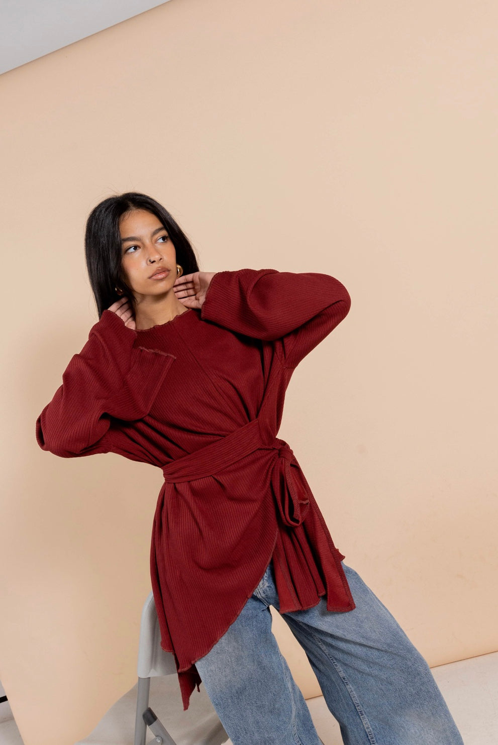 Wrapped “Cinder” blouse in burgundy