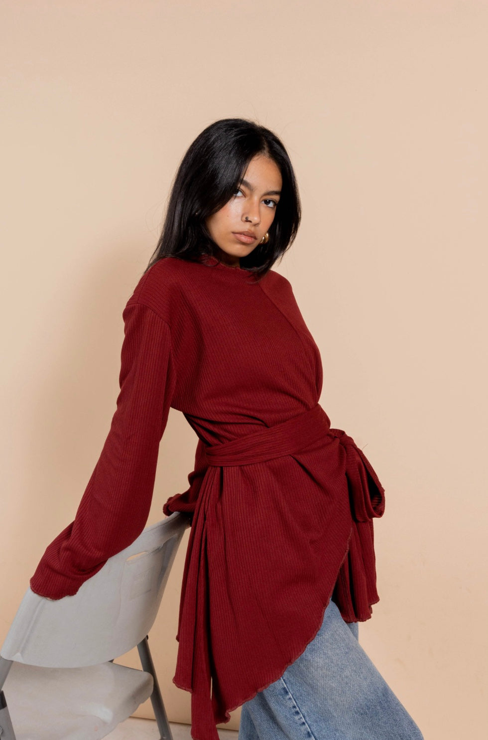Wrapped “Cinder” blouse in burgundy