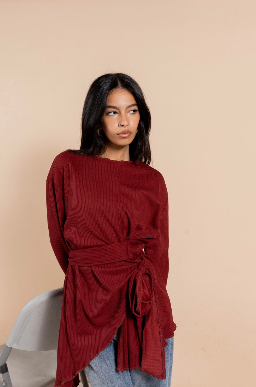Wrapped “Cinder” blouse in burgundy
