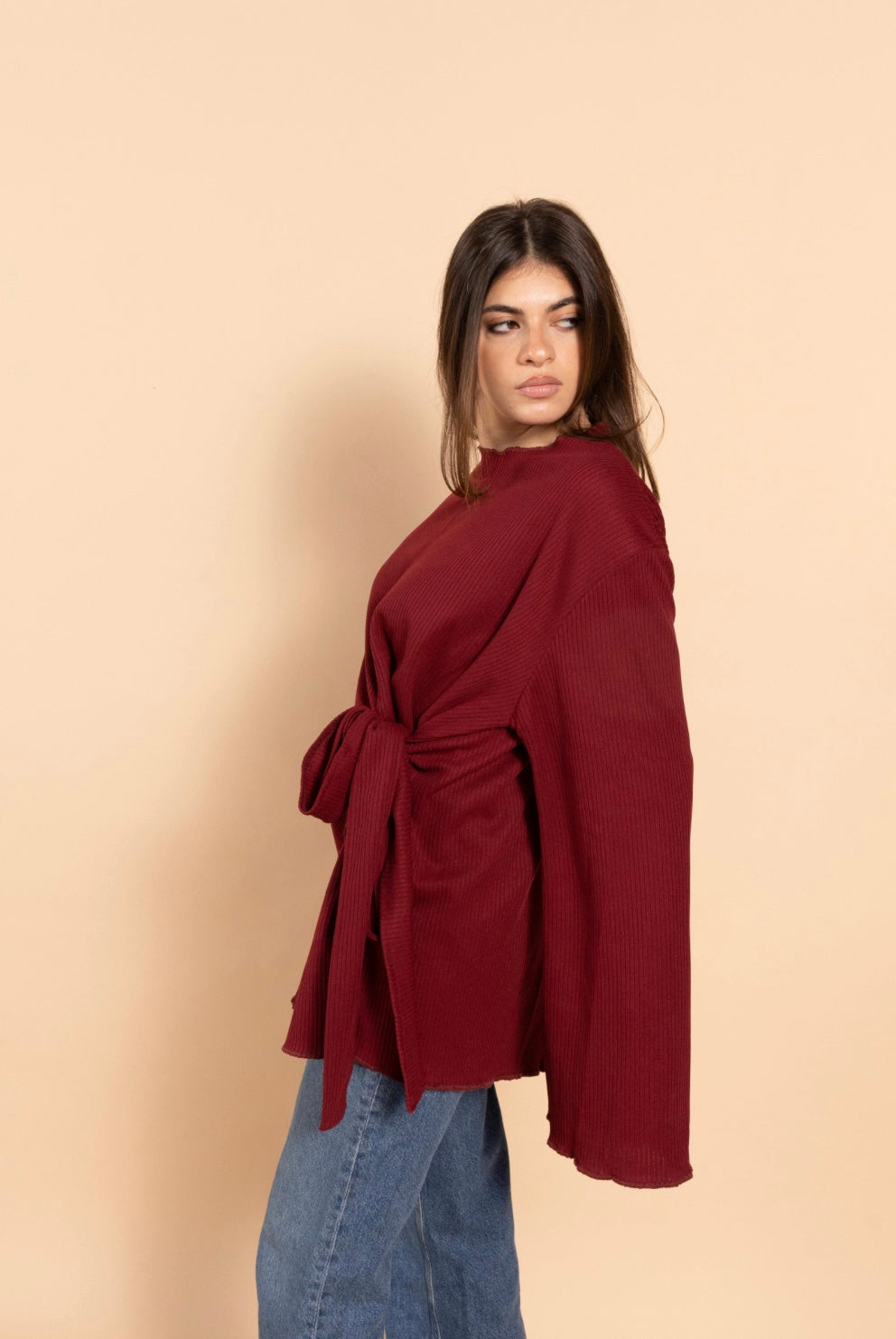 Wrapped “Cinder” blouse in burgundy