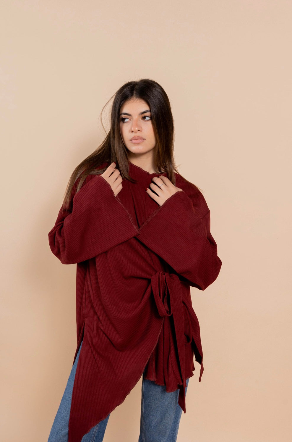Wrapped “Cinder” blouse in burgundy